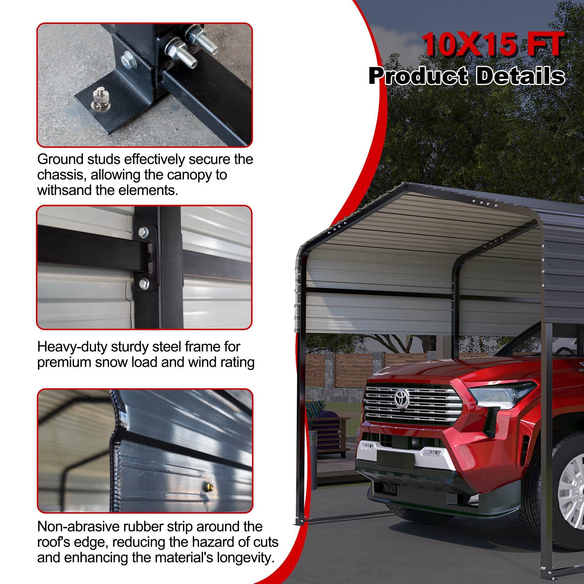 10x15 Ft Metal Carport Carports With Enhanced Base Heavy Duty Garage Outdoor Galvanized Car Shelter For Car, Boats And Truck - Outdoor Chilling