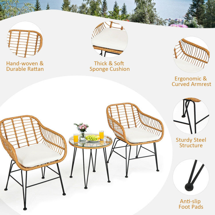 3 Pieces Rattan Furniture Set With Cushioned Chair Table - Outdoor Chilling