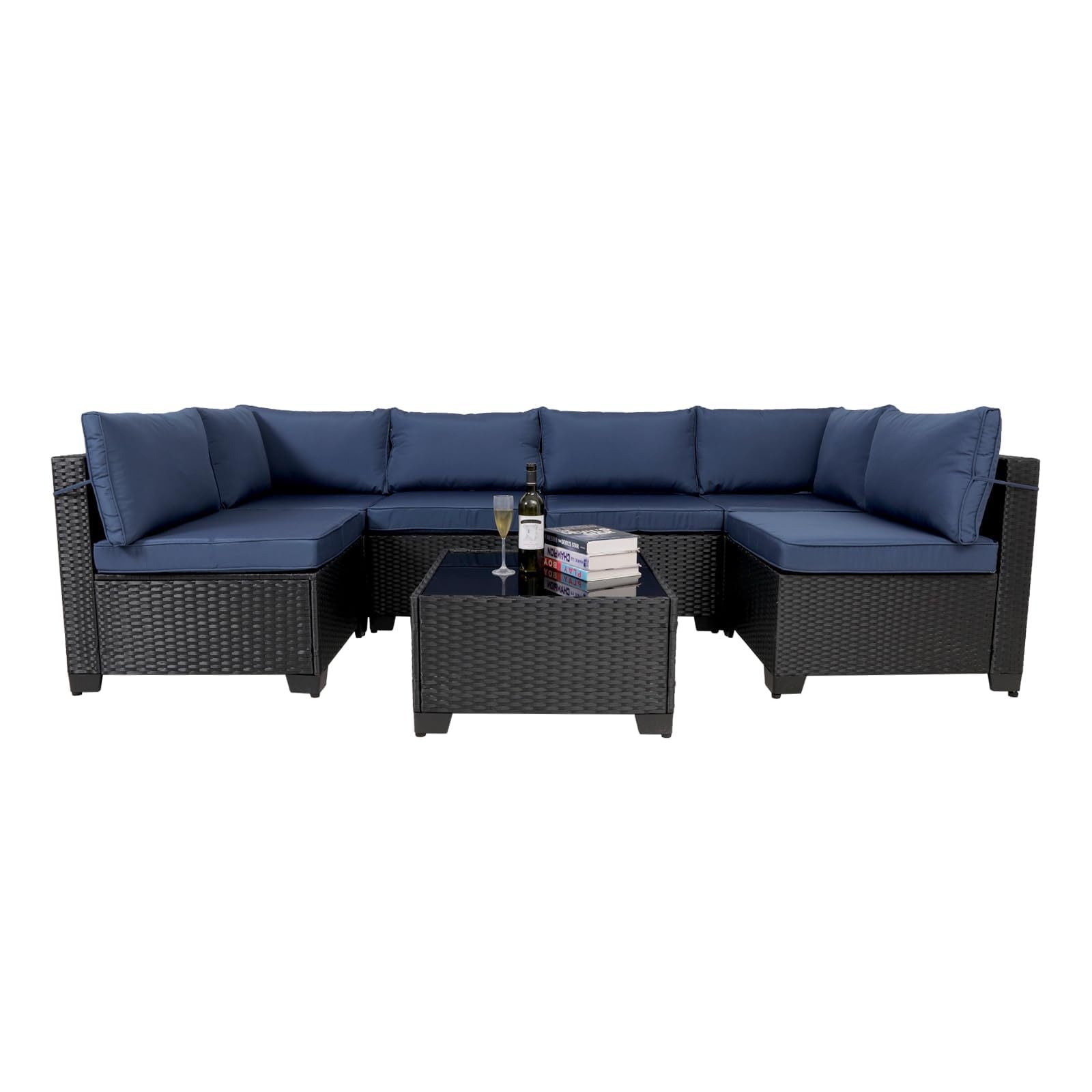7 Pieces Outdoor Rattan Patio Sectional Set, Black Wicker Furniture Conversation Sets With Washable Cushions & Glass Coffee Table For Garden, Poolside, Backyard - Outdoor Chilling