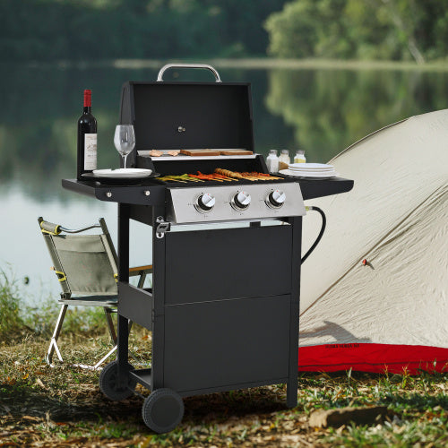 Propane Gas Grill 3 Burner Barbecue Grill, Stainless Steel 26,000 BTU Patio Garden Barbecue Grill With Two Shelves, Lid, Wheels And Bottle Opener - Outdoor Chilling