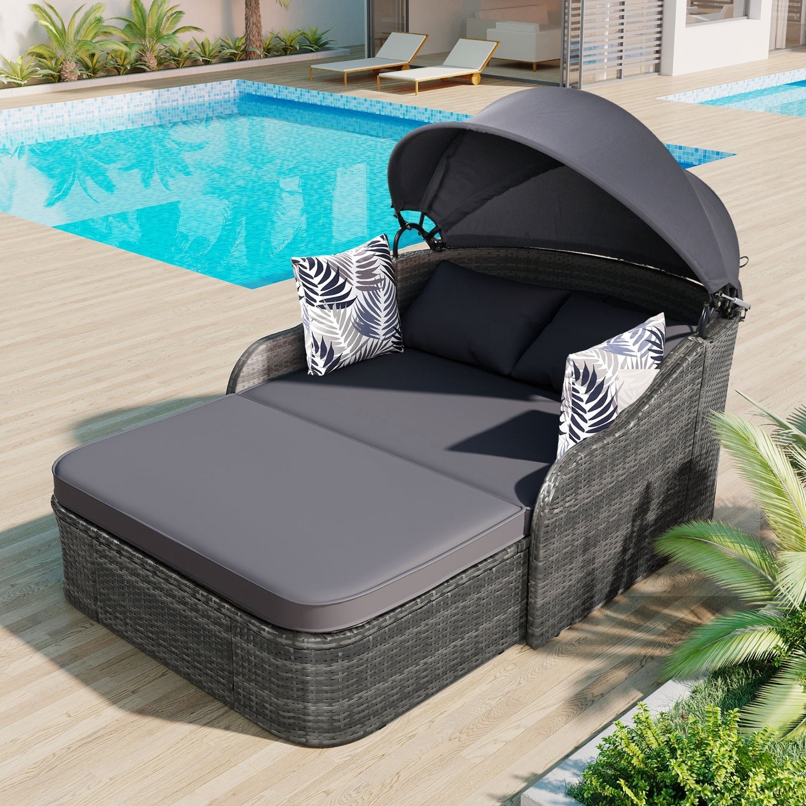 79.9 Outdoor Sunbed With Adjustable Canopy, Double Lounge, PE Rattan, Gray - Outdoor Chilling