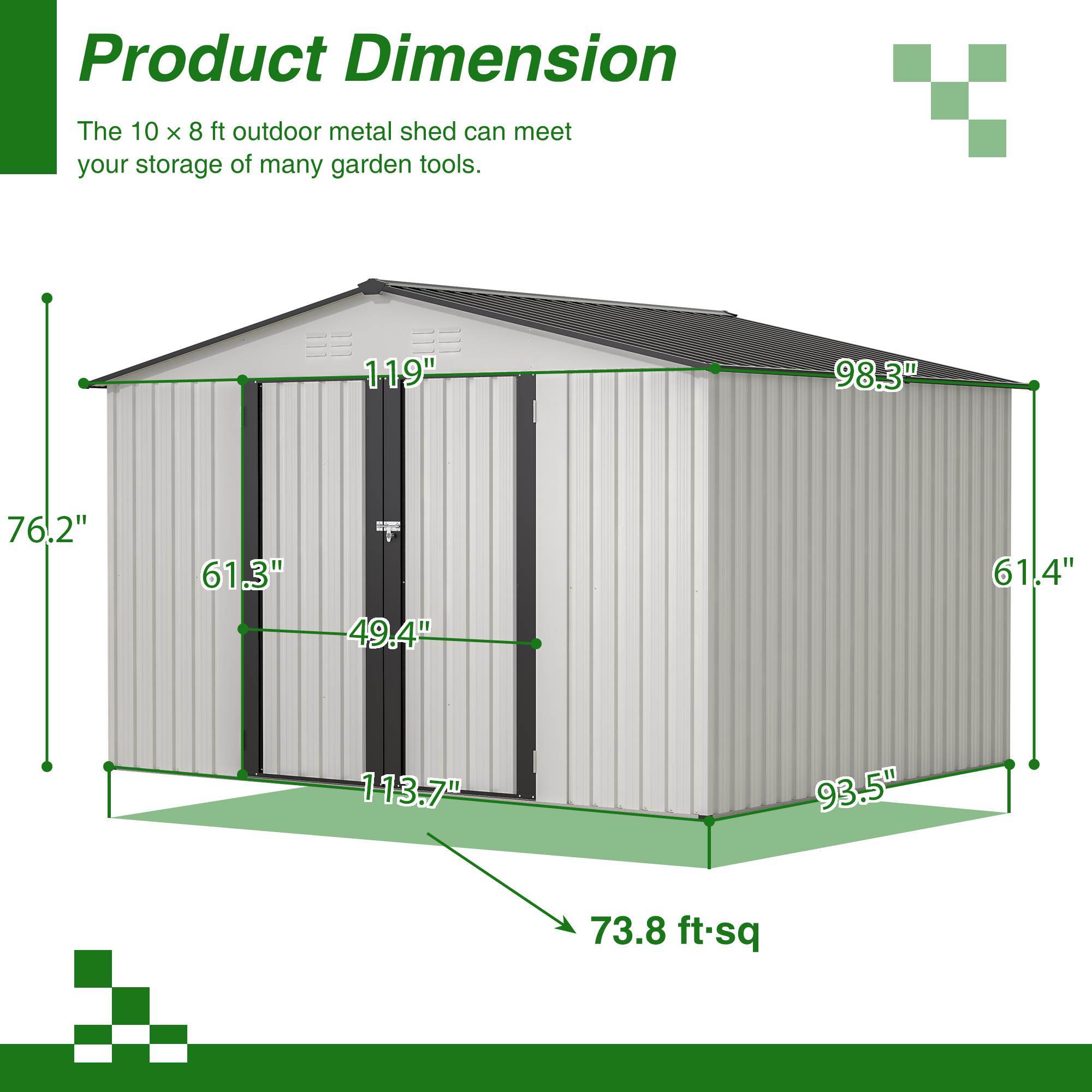 10X8 FT Outdoor Storage Shed, All Weather Metal Sheds With Lockable Doors, Tool Shed For Garden, Patio, Backyard, Lawn, White