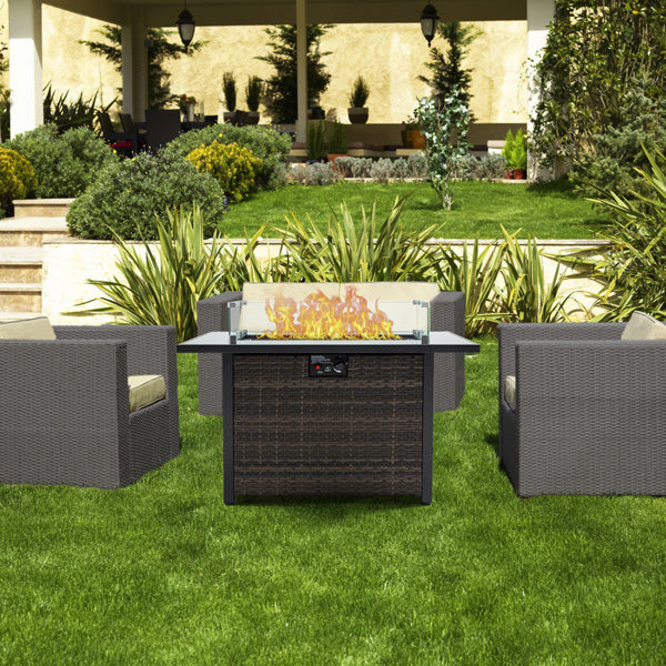 Outdoor Fire Pit 50000 BTU Propane Gas Fire Table With Lid Fireplace With Glass Windproof Willow Base Suitable For Gardens, Terraces, Backyards, 44 Inches - Outdoor Chilling