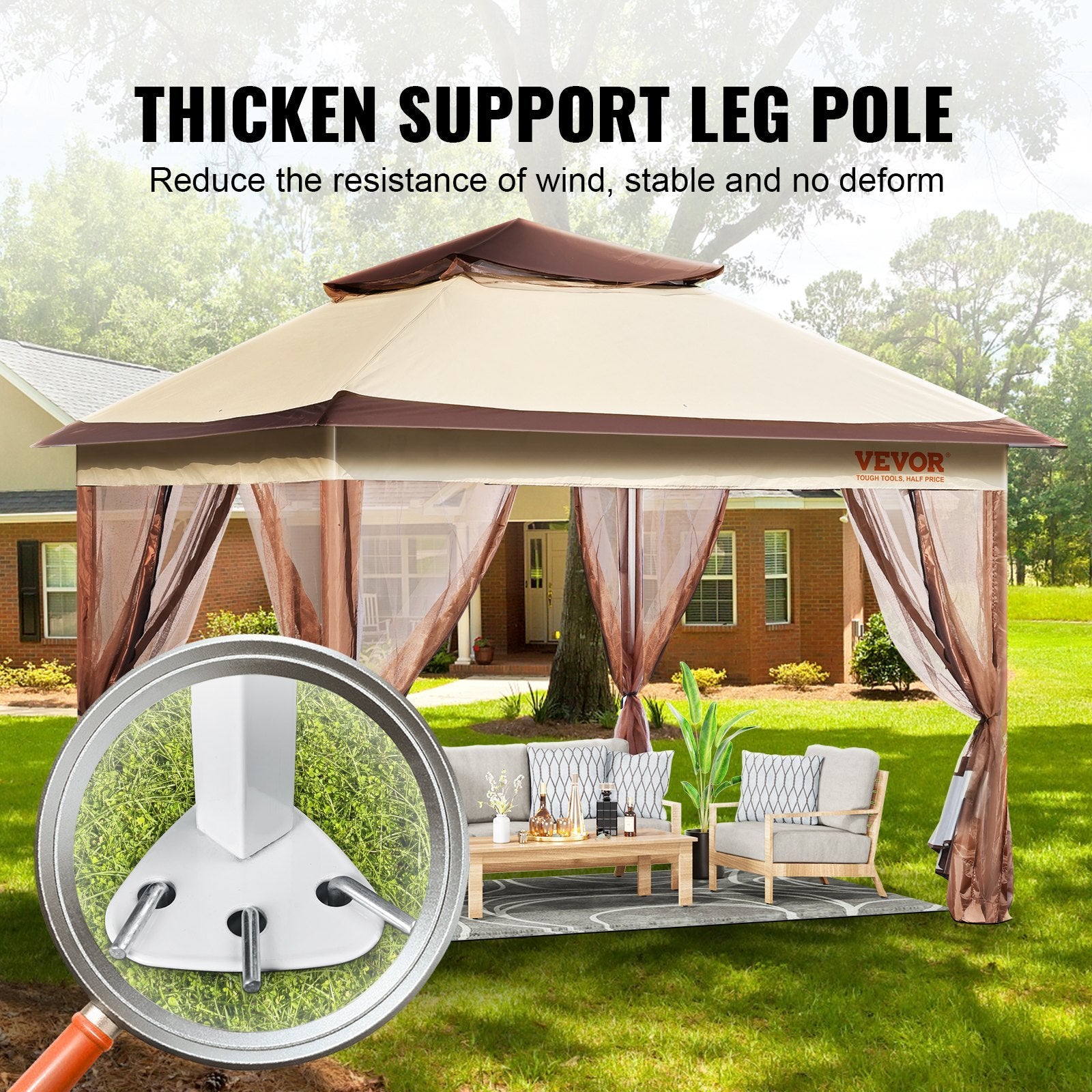 VEVOR Patio Gazebo, 11 X 11 FT Pop Up Gazebo For 8-10 Person, With Mosquito Netting, Metal Frame, And PU Coated 250D Oxford Cloth, Outdoor Canopy Shelter For Patio, Backyard, Lawn, Garden, Deck - Outdoor Chilling