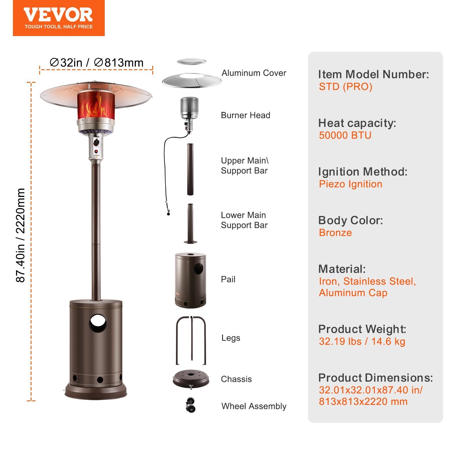 VEVOR Propane Patio Heater 50000BTU Tall Hammered W Round Table Outdoor Bronze - Outdoor Chilling