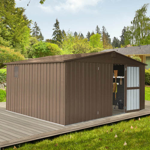 Storage Shed 11 X 12.5 With Galvanized Steel Frame & Windows, Outdoor Garden Shed Metal Utility Tool Storage Room With Lockable Door For Patio Brown