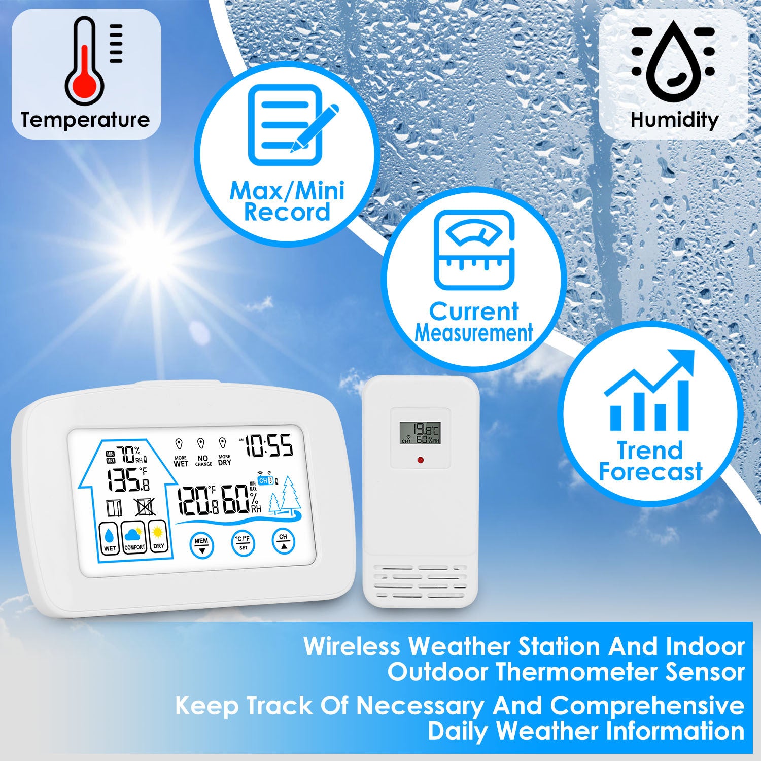 1Pc Wireless Weather Station With Clock 196FT Range Indoor Outdoor Thermometer Sensor Temperature And Humidity Monitor Humidity Forecast Battery Powered Backlight Display - Outdoor Chilling