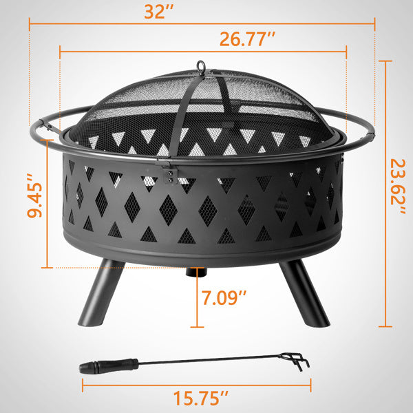 32in Round Shape With Lifting Ring, Mesh Lid, Diamond Holes, Wood-burning Brazier, Wrought Iron, Black - Outdoor Chilling