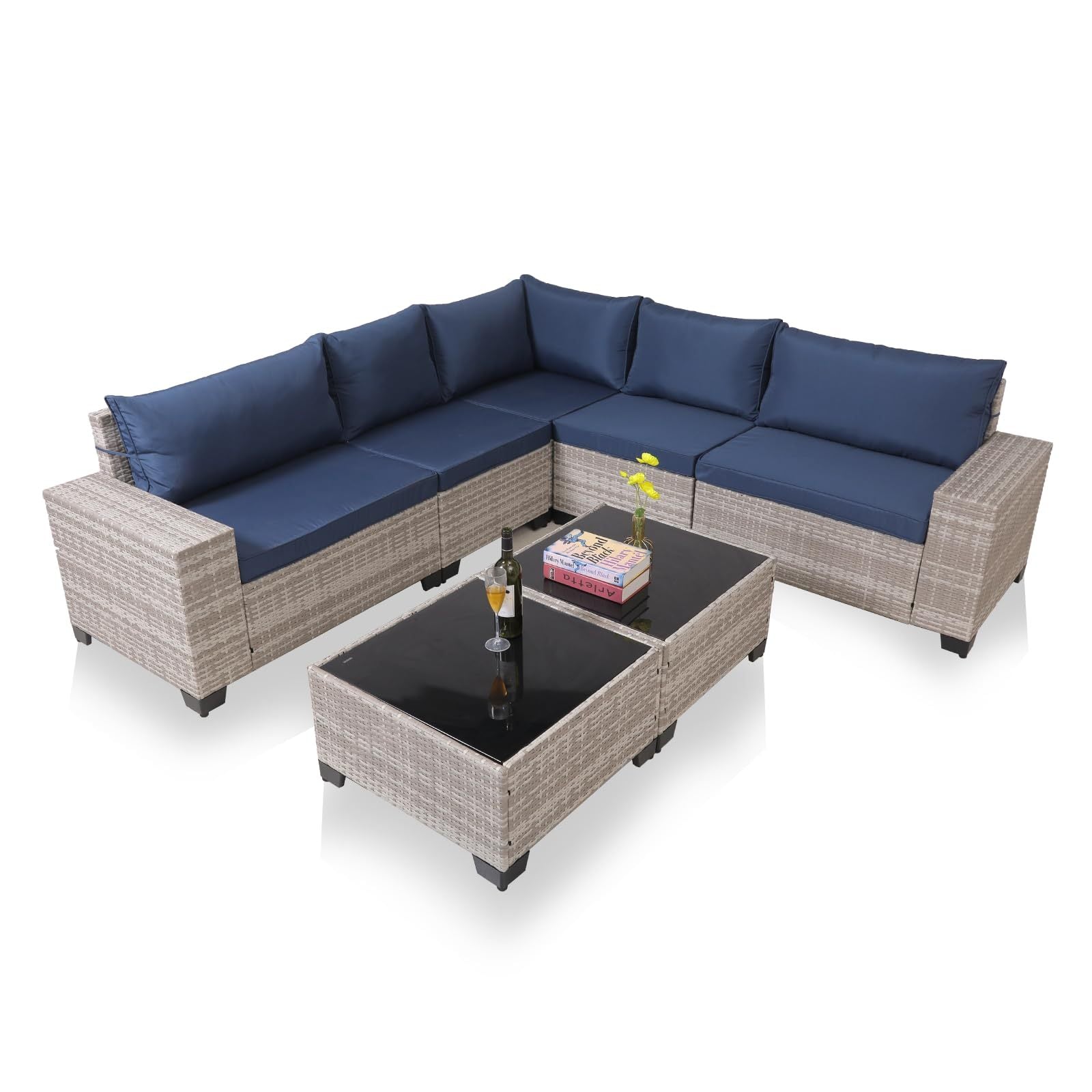 7-Piece Outdoor Patio Furniture Sets, All-Weather Wicker Rattan Sectional Sofa, Modern Two Glass Coffee Table And Washable Seat Cushion - Outdoor Chilling