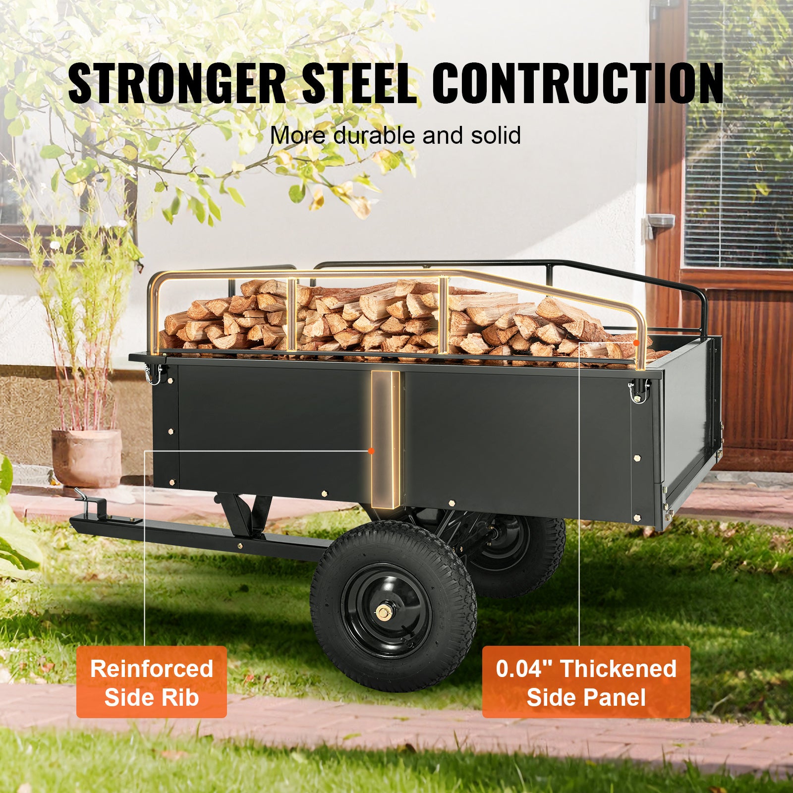 VEVOR Heavy Duty ATV Trailer Steel Dump Cart, 750-Pound 15 Cubic Feet, Garden Utility Trailer With Removable Sides For Riding Lawn Mower Tractor - Outdoor Chilling
