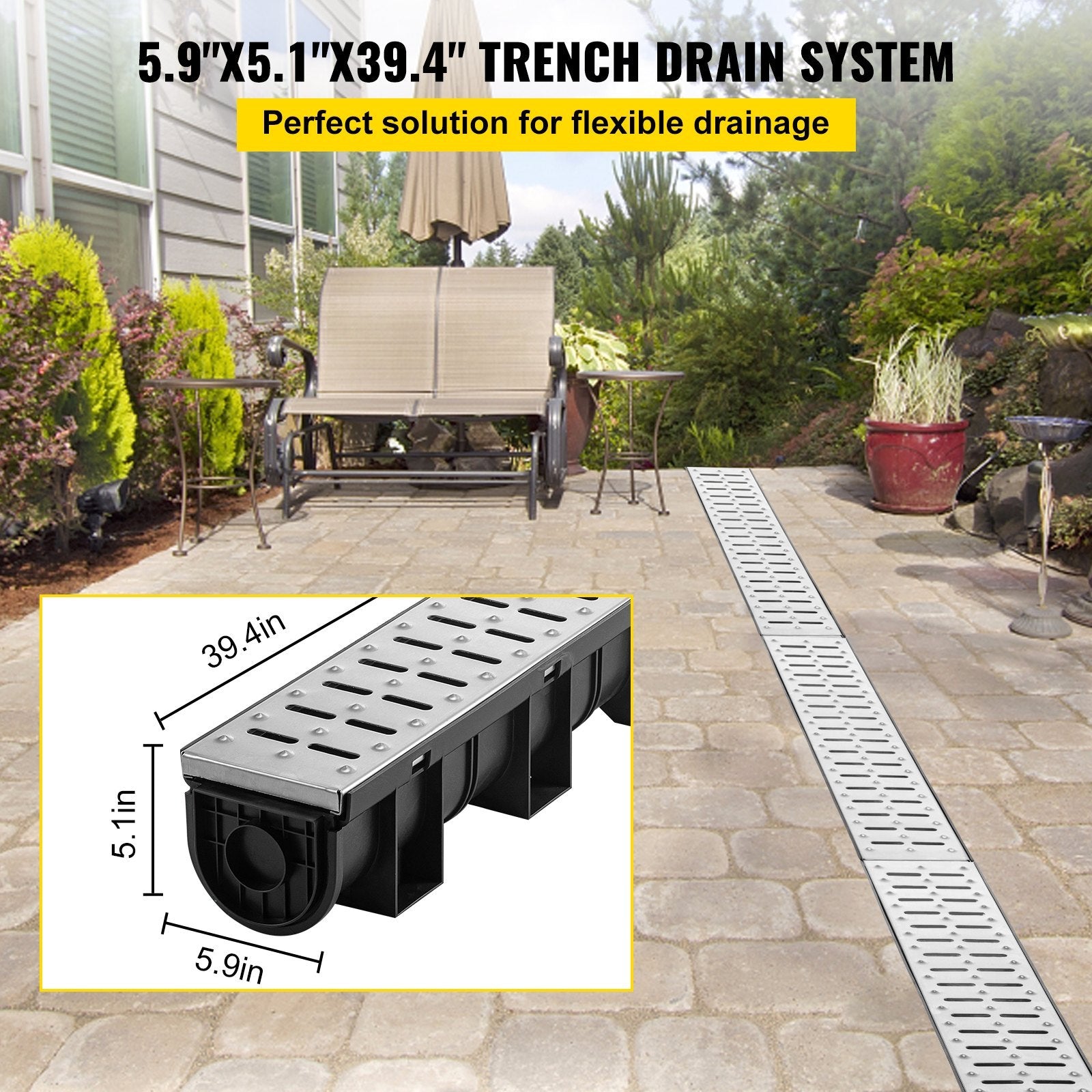 VEVOR Trench Drain System, Channel Drain With Metal Grate, 5.9x5.1-Inch HDPE Drainage Trench, Black Plastic Garage Floor Drain, 3x39 Trench Drain Grate, With 3 End Caps, For Garden, Driveway-3 Pack