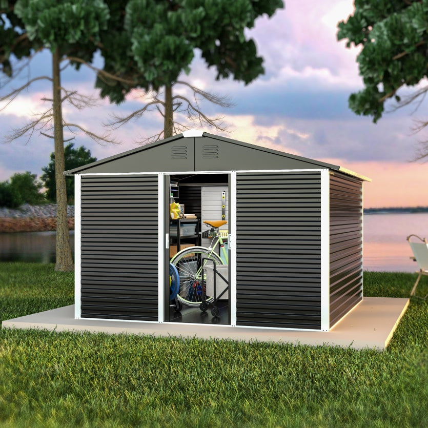 Large-sized Outdoor 10 Ft. W X 10 Ft. D Metal Shed With Sliding Door 60 Sq. Ft. For Garden Patio Lawn, Black - Outdoor Chilling