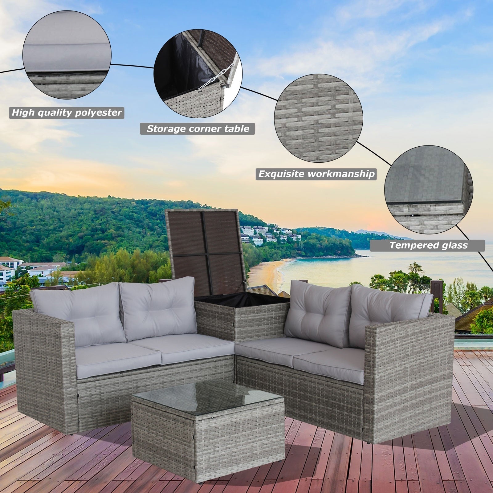 4Pc Patio Sectional Wicker Rattan Sofa Set W/Storage Box Grey - Outdoor Chilling