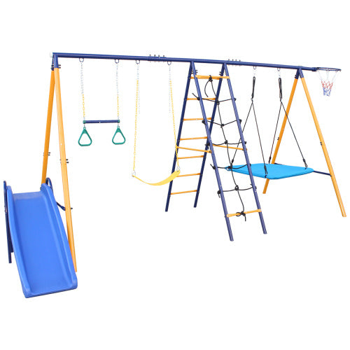 500 Lbs 7 In 1 Swing Set For Kids Outdoor A Frame Heavy Metal Swing Sets With Slide 2 Swing Seats 1 Climbing Net Ladder 1 Gym Ring 1 Basket - Outdoor Chilling