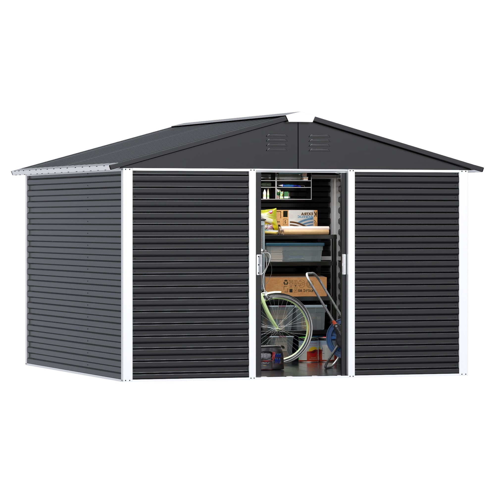 Large-sized Outdoor 10 Ft. W X 10 Ft. D Metal Shed With Sliding Door 60 Sq. Ft. For Garden Patio Lawn, Black - Outdoor Chilling