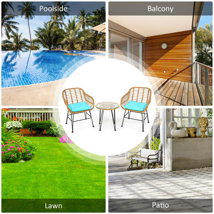 3 Pieces Rattan Furniture Set With Cushioned Chair Table - Outdoor Chilling