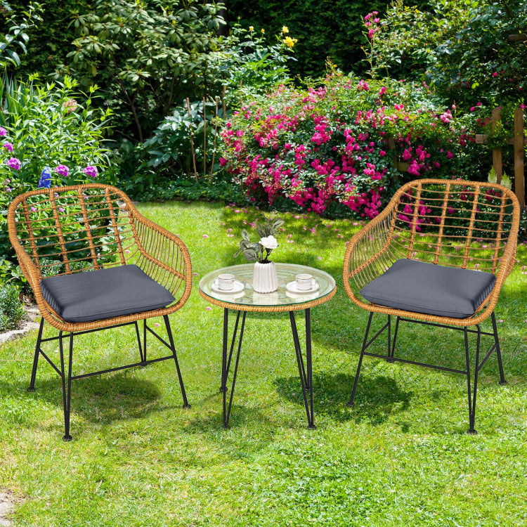 3 Pieces Rattan Furniture Set With Cushioned Chair Table - Outdoor Chilling