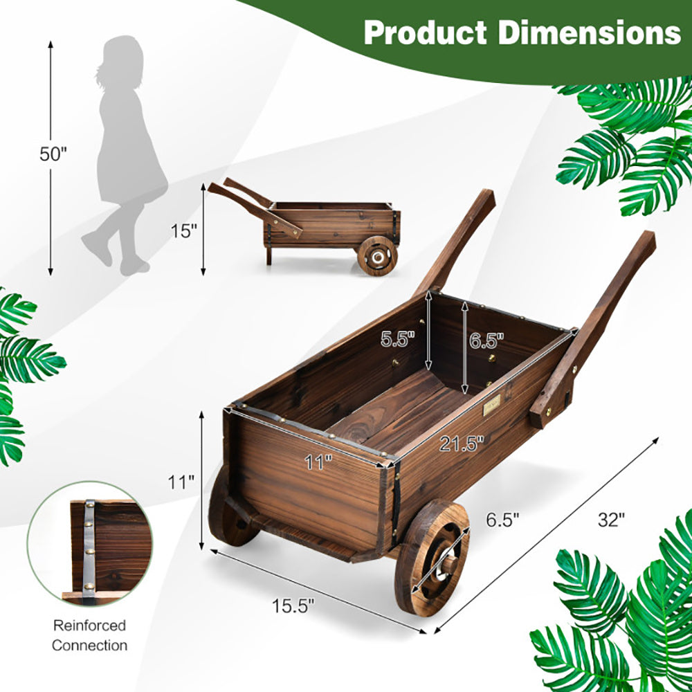 Wooden Wagon Planter Box With Wheels Handles And Drainage Hole - Outdoor Chilling