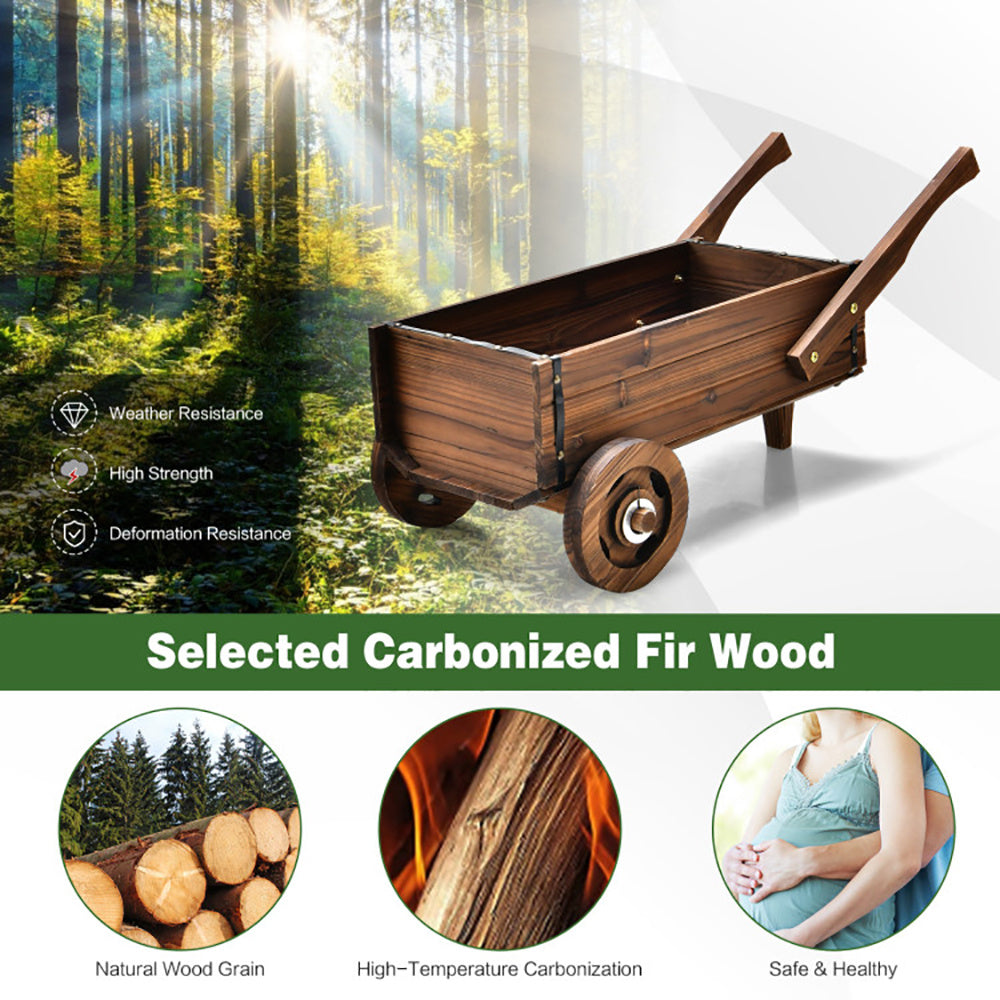 Wooden Wagon Planter Box With Wheels Handles And Drainage Hole - Outdoor Chilling