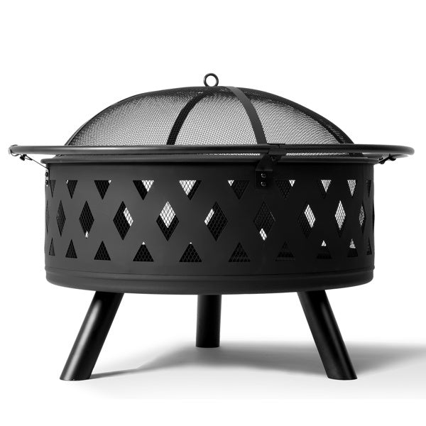32in Round Shape With Lifting Ring, Mesh Lid, Diamond Holes, Wood-burning Brazier, Wrought Iron, Black - Outdoor Chilling