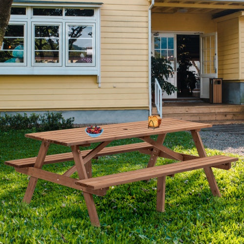 8 Person Brown Wooden Picnic Table, Outdoor Camping Dining Table With 2 Seats, Garden, DIY With 2 Built-in Benches, 2220lb Capacity - Outdoor Chilling