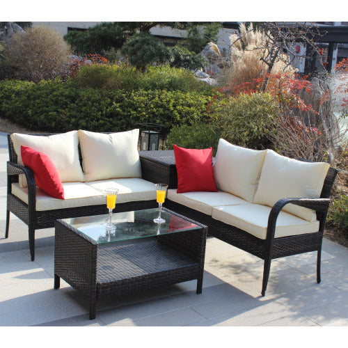 4 Piece Patio Sectional Wicker Rattan Outdoor Furniture Sofa Set With Storage Box Brown - Outdoor Chilling