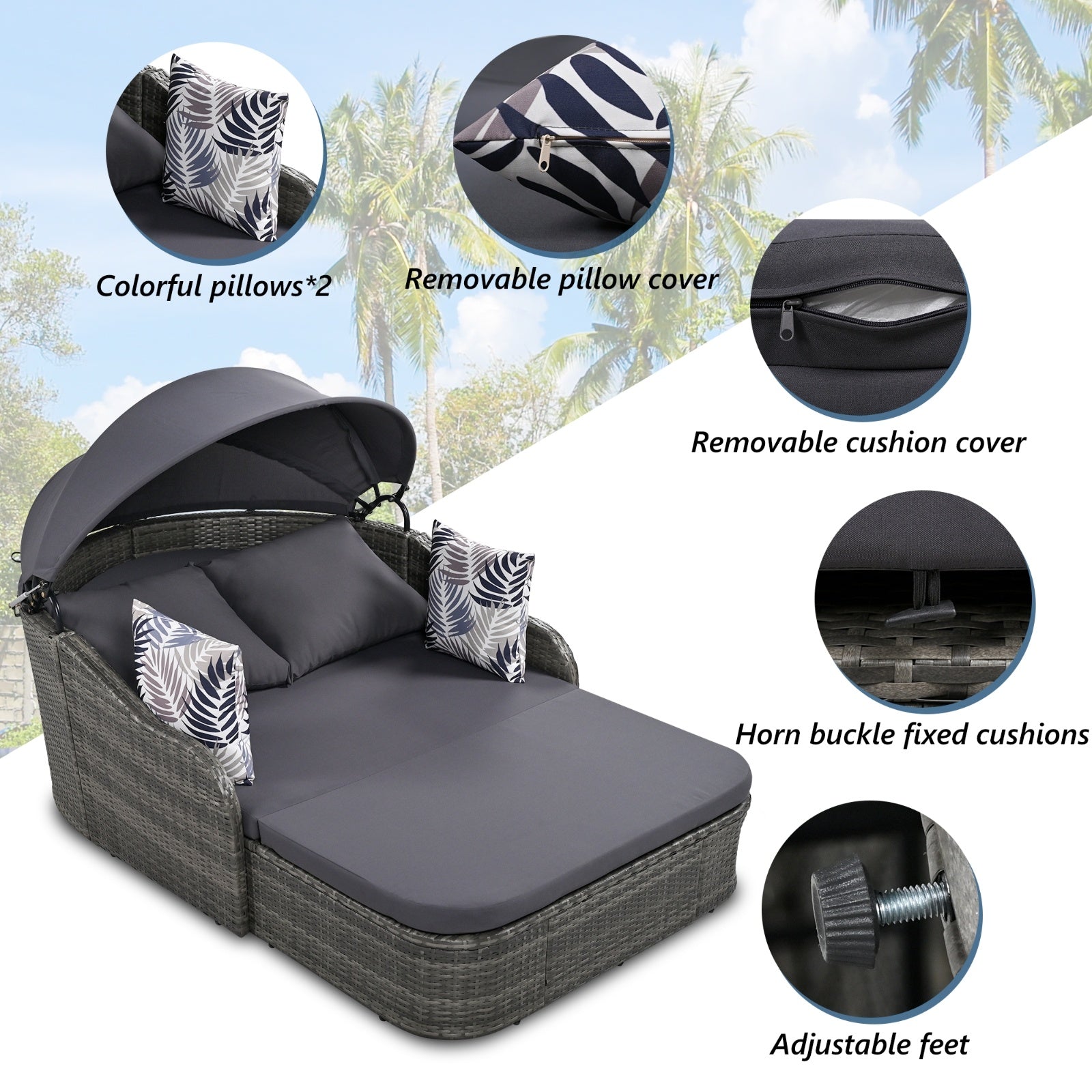 79.9 Outdoor Sunbed With Adjustable Canopy, Double Lounge, PE Rattan, Gray - Outdoor Chilling