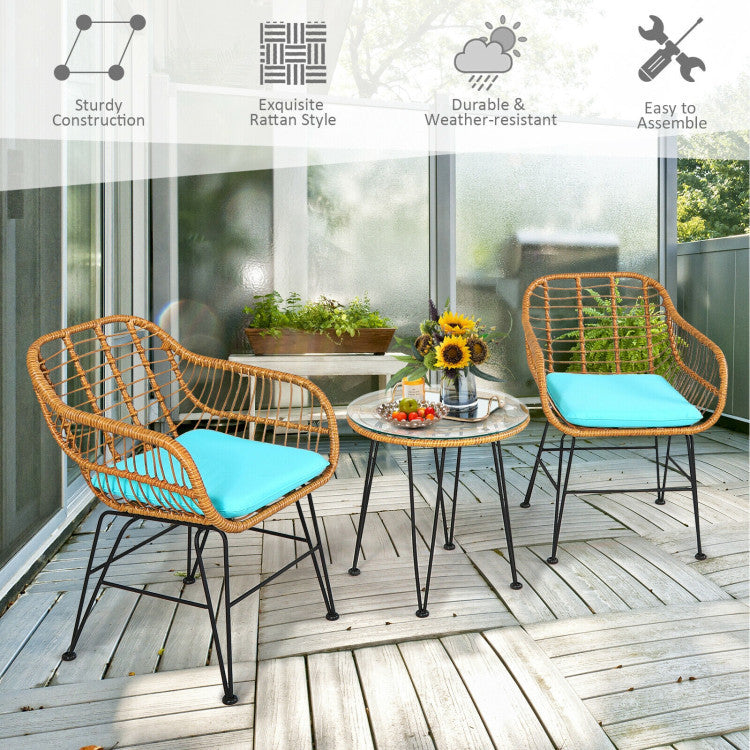 3 Pieces Rattan Furniture Set With Cushioned Chair Table - Outdoor Chilling