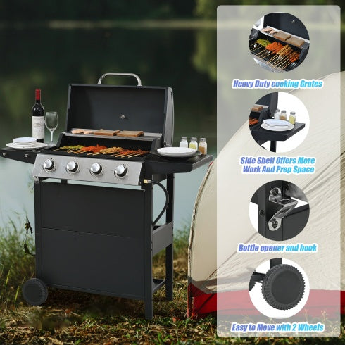 Propane Gas Grill 4 Burner Barbecue Grill, Stainless Steel 34,000 BTU Patio Garden Barbecue Grill With Two Shelves, Lid, Wheels And Bottle Opener - Outdoor Chilling