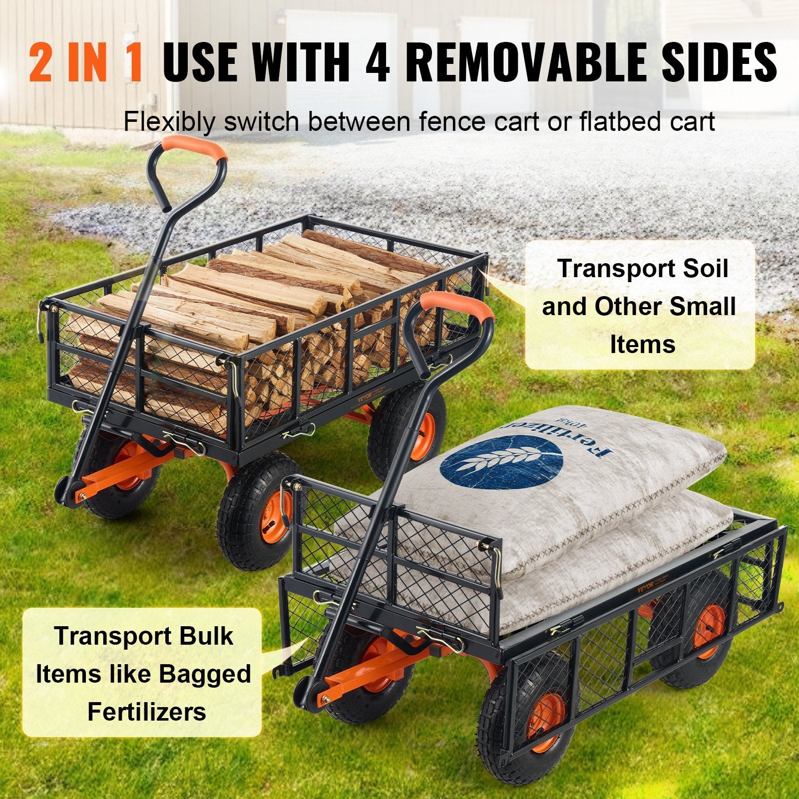 VEVOR Dump Cart, Metal Garden Dump Cart With Easy To Assemble Frame, Dump Wagon With 2-in-1 Convertible Handle, Utility Wheelbarrow 400 Lbs Capacity, 10 Inch Tires - Outdoor Chilling