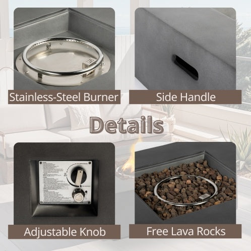 Outdoor Propane Fire Pit Table,Square Stone 35-inch Planter Base, 50,000 BTU Stainless Steel Burner, Free Lava Rocks And Waterproof Cover - Outdoor Chilling