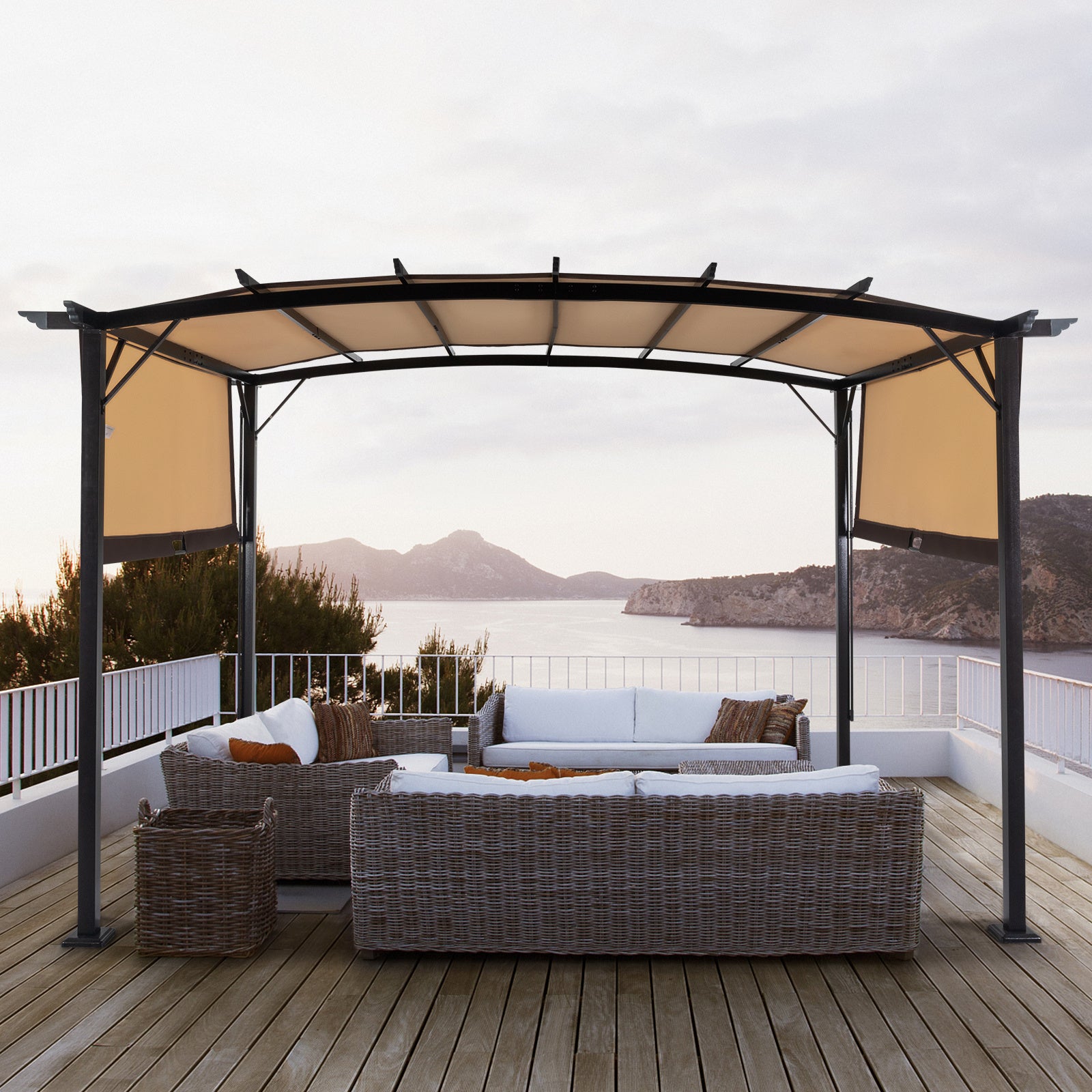 350x280x230.5cm Dark Brown Column, Brown Adjustable Shade Cloth, Curved Top, Folding Shed, Aluminum - Outdoor Chilling