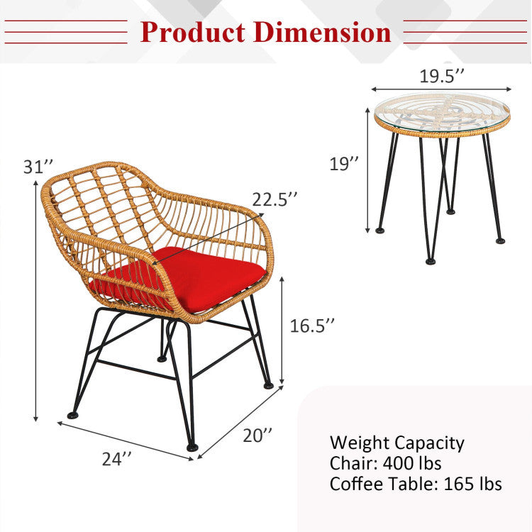 3 Pieces Rattan Furniture Set With Cushioned Chair Table - Outdoor Chilling