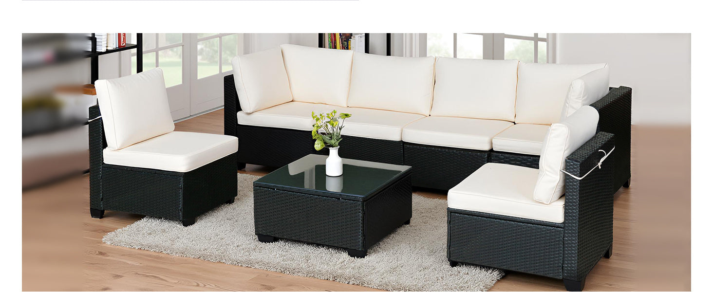 Hot Selling Seven-Piece Sofa Set Table With Sofa Chair Black PE Rattan Outdoor New Design Furniture 7-JH002 Box 3-1-2-3 With White Color Cushion - Outdoor Chilling