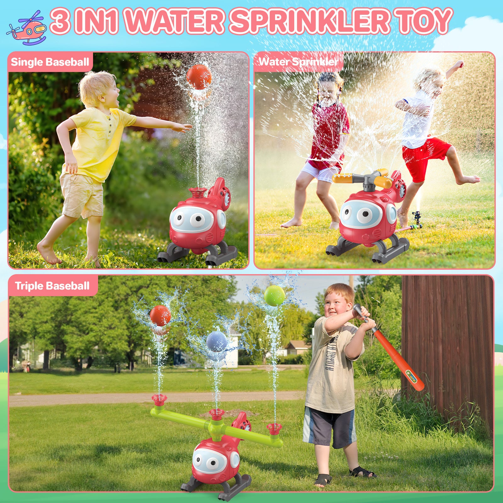 4 In 1 Water Sprinklers T Ball Set For Kids And Toddlers, Baseball Sprinkler For Backyard Helicopter Toy Outdoor Game, Attaches To Garden Hose Summer Yard Pool Water Toy - Outdoor Chilling