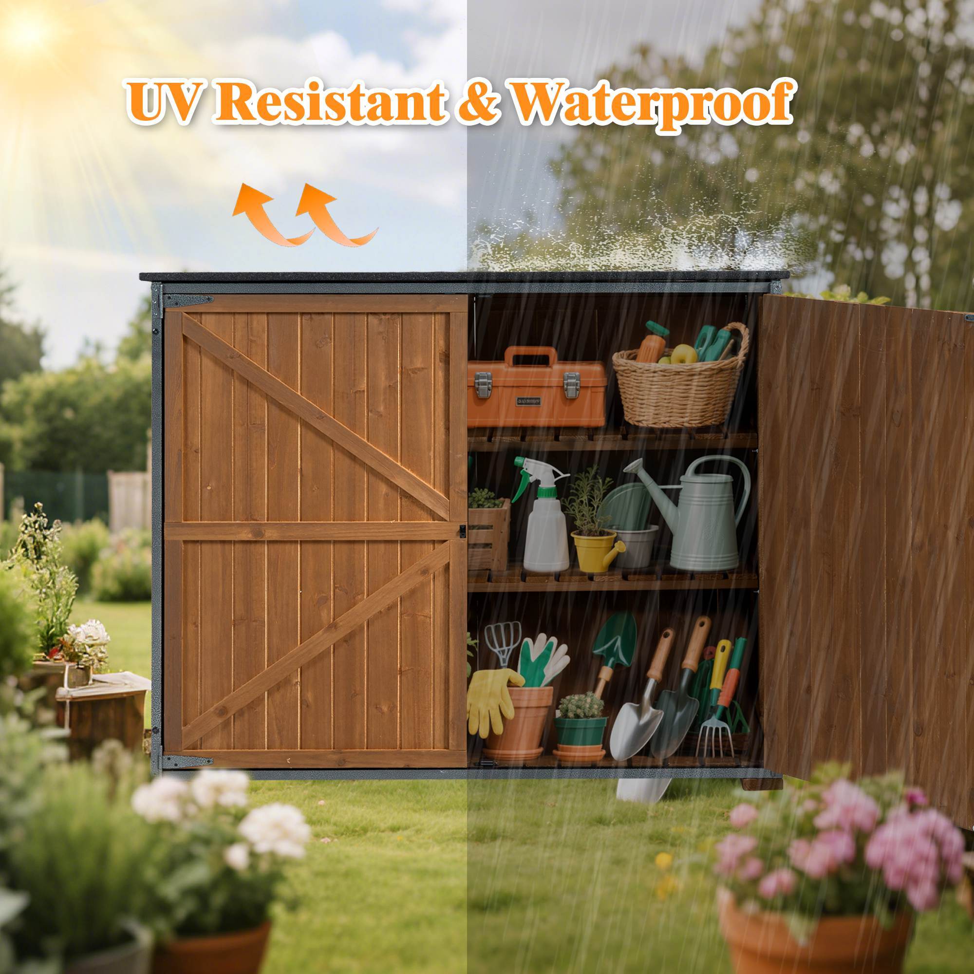 Outdoor Storage Cabinet 50.4L X 26.8W X 41H Ft Garden Shed Tool Shed With Metal Frame Structure For Garden Patio Lawn Brown - Outdoor Chilling