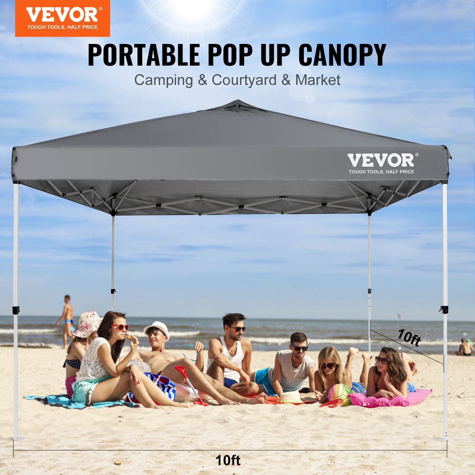 VEVOR Pop Up Canopy Tent, 10 X 10 Ft, 250 D PU Silver Coated Tarp, With Portable Roller Bag And 4 Sandbags, Waterproof And Sun Shelter Gazebo For Outdoor Party, Camping, Commercial Events, Dark Gray - Outdoor Chilling