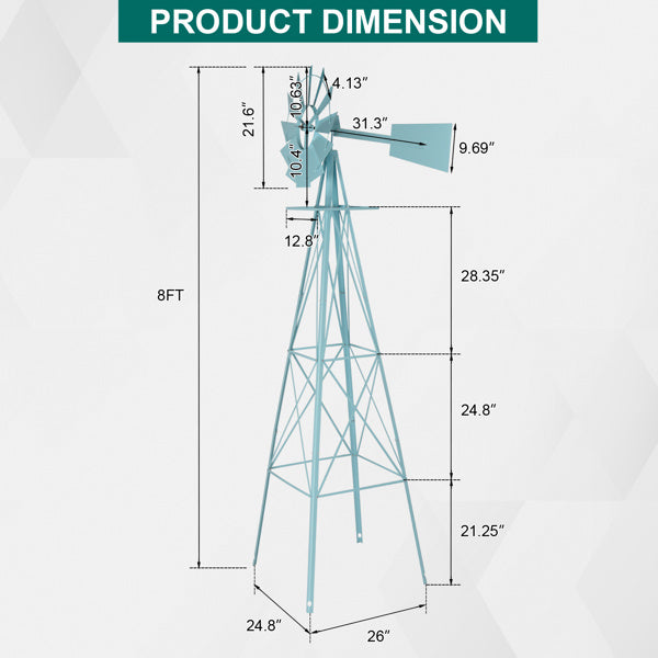 8ft Light Blue Ribbon Wind Vane, 4-pod Standing Iron Windmill - Outdoor Chilling