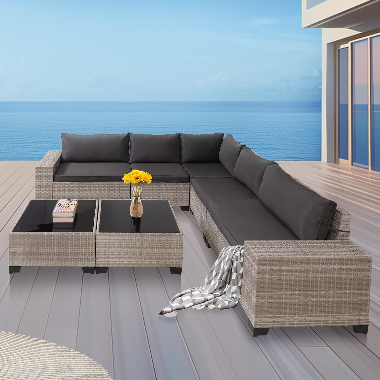 7-Piece Outdoor Patio Furniture Sets, All-Weather Wicker Rattan Sectional Sofa, Modern Two Glass Coffee Table And Washable Seat Cushion - Outdoor Chilling