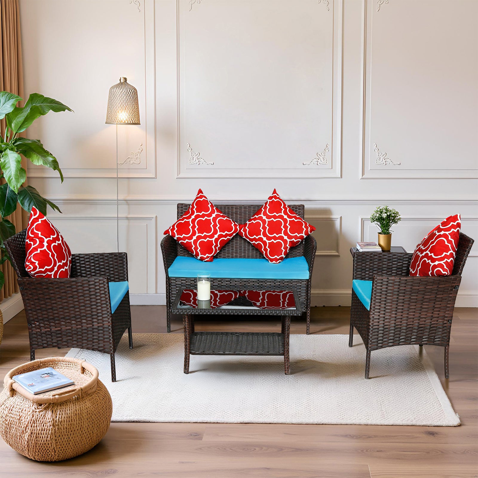 Four-Piece Sofa Set Table With Sofa Chair PE Rattan Outdoor Furniture W3152P269436 Box1 With Sapphire Blue Color Cushion - Outdoor Chilling