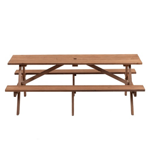 8 Person Brown Wooden Picnic Table, Outdoor Camping Dining Table With 2 Seats, Garden, DIY With 2 Built-in Benches, 2220lb Capacity - Outdoor Chilling