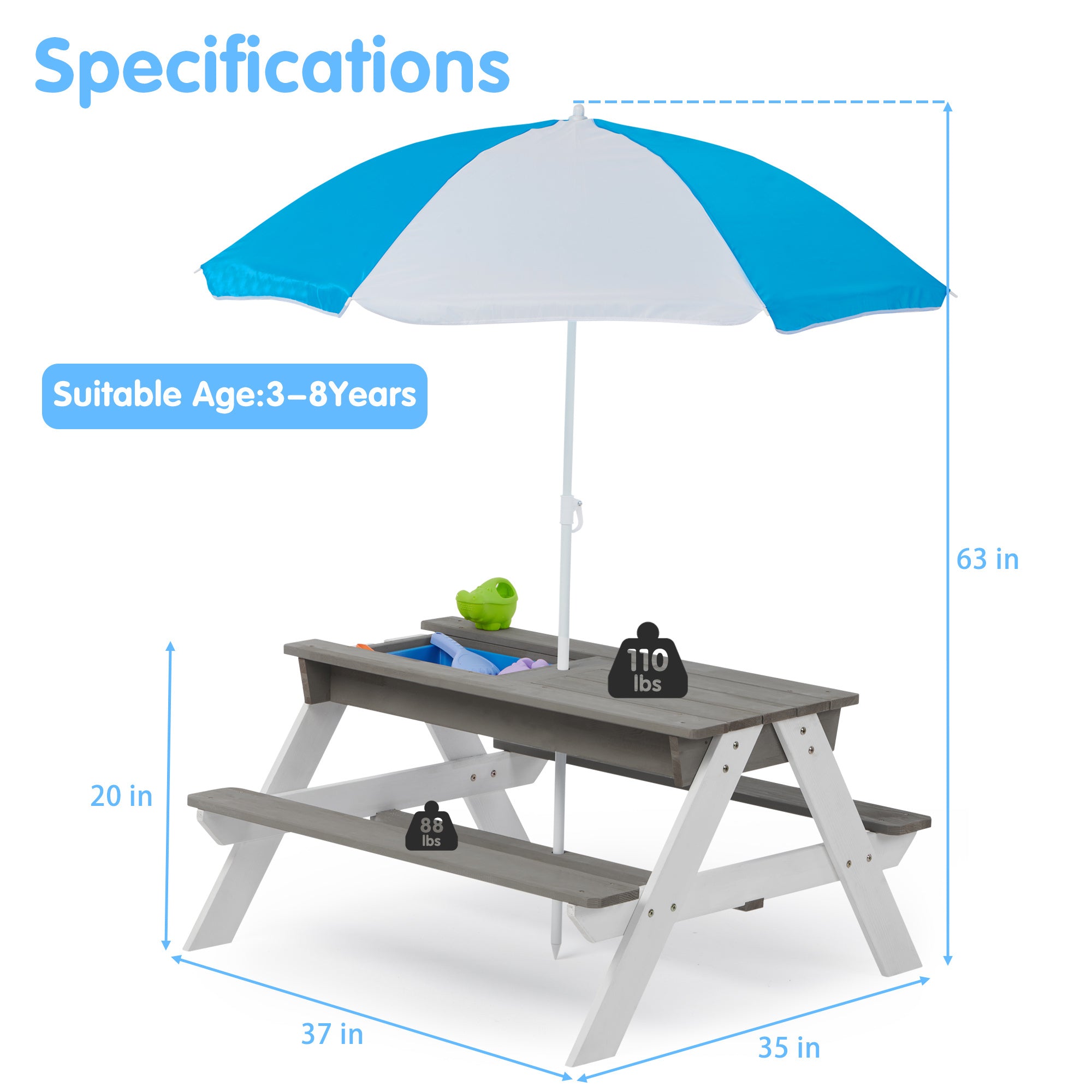 3-in-1 Children's Outdoor Wooden Picnic Table With Umbrella, Convertible Sand And Water, And 7 Plastic Toys - Outdoor Chilling