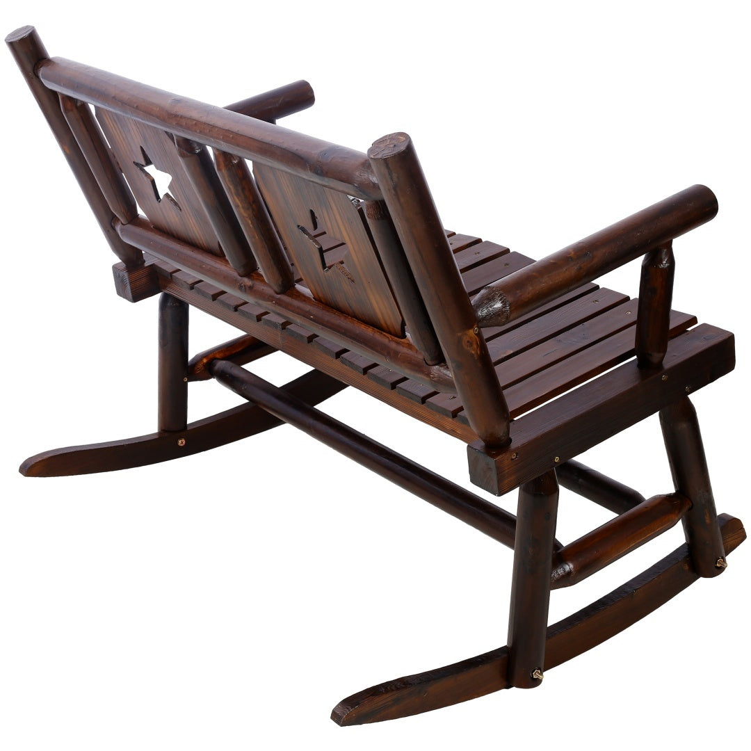 Outdoor Solid Wood Rocking Chair Bench Carbonized Double Rocking Chair For 2 People With Wide Curved Seat For Porch, Garden, Backyard, Rustic Brown - Outdoor Chilling