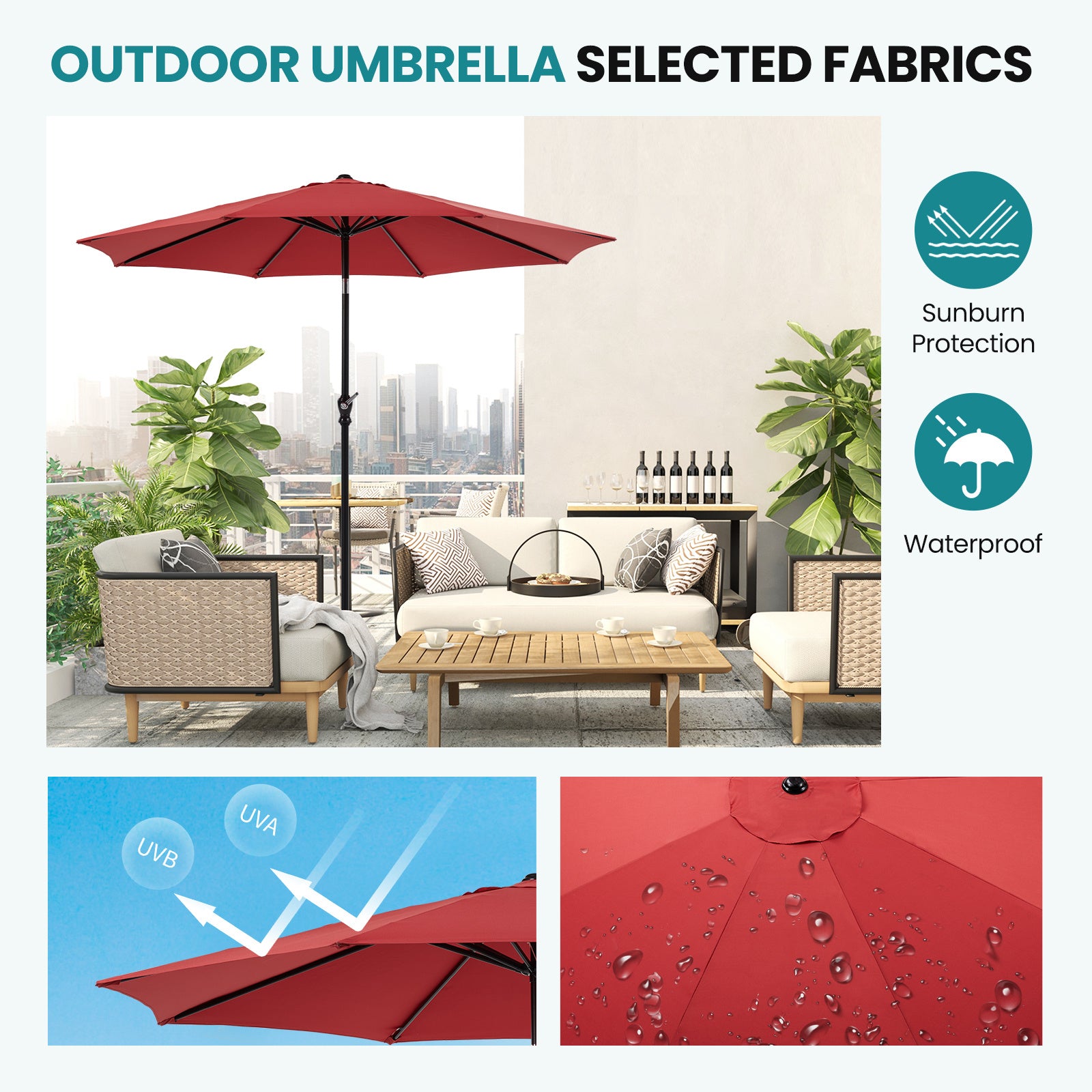 Outdoor Patio Umbrella With Push Button Tilt And Crank, Market Umbrella 8 Sturdy Ribs UV Protection Waterproof For Garden, Backyard, Red - Outdoor Chilling