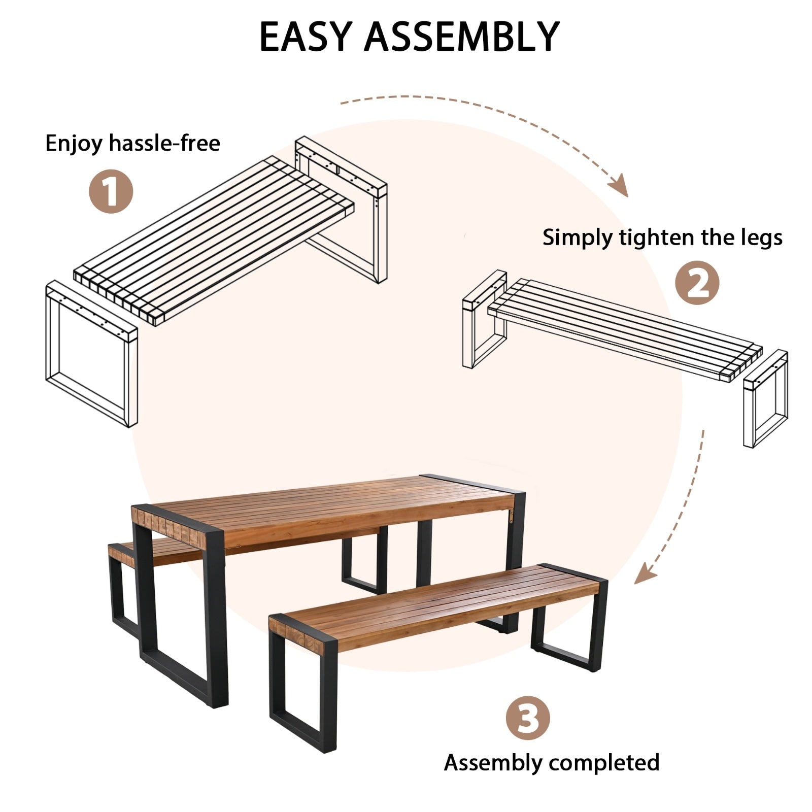 GO 3-pieces Outdoor Dining Table With 2 Benches, Patio Dining Set With Unique Top Texture, Acacia Wo - Outdoor Chilling