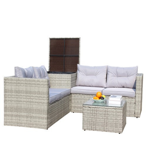 4 Piece Patio Sectional Wicker Rattan Outdoor Furniture Sofa Set With Storage Box Grey - Outdoor Chilling