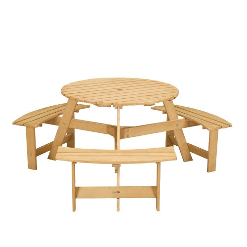 Outdoor 6 Person Picnic Table, 6 Person Round Picnic Table With 3 Built-in Benches, Umbrella Hole, Outside Table And Bench Set For Garden, Backyard, Porch, Patio