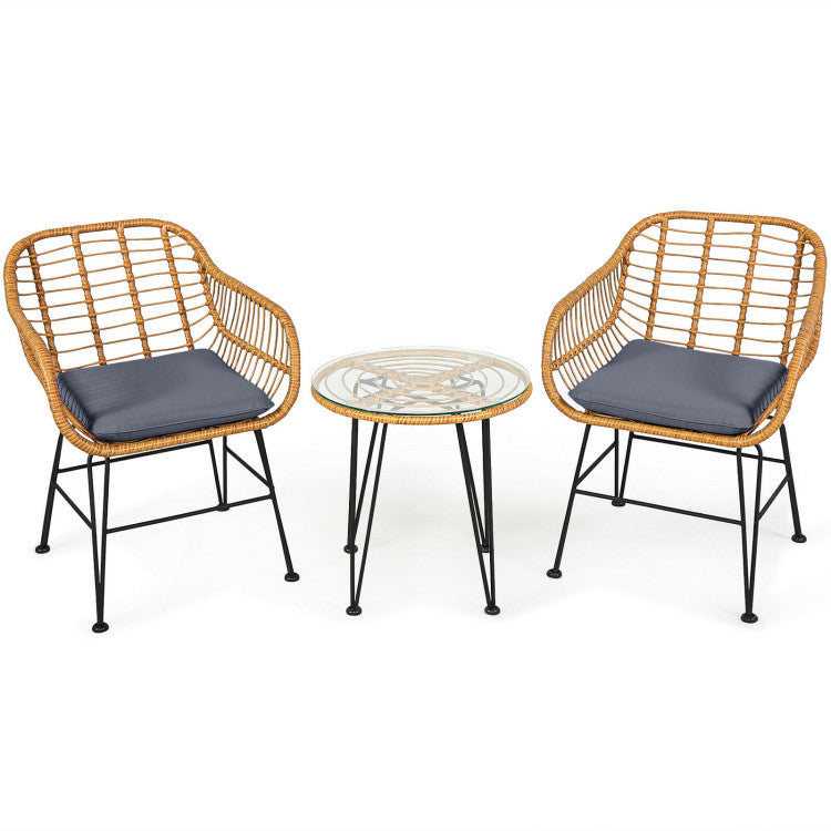 3 Pieces Rattan Furniture Set With Cushioned Chair Table - Outdoor Chilling