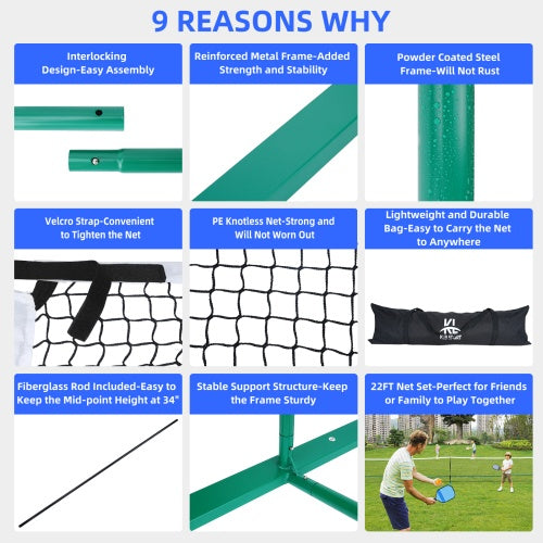 22 FT Pickleball Net, Steady Metal Frame,Easy Setup For All-Weather Resistant Play In Backyards,Outdoor Indoor Driveways And Garages - Outdoor Chilling