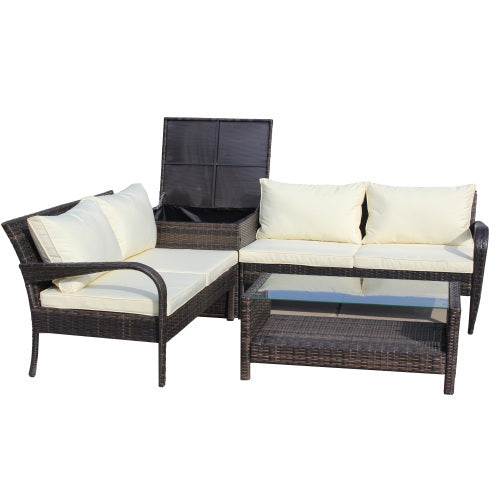 4 Piece Patio Sectional Wicker Rattan Outdoor Furniture Sofa Set With Storage Box Brown - Outdoor Chilling